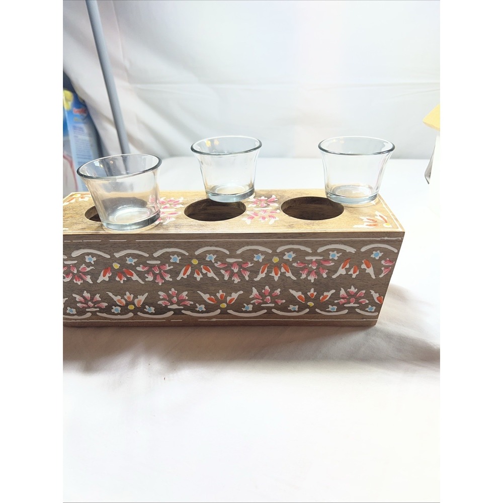 Floral Triple Tea Lite Candleholder Wooden Jaipur in Bloom Hand Painted - Picture 5 of 5